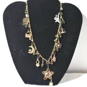 Vintage Stunning Multi Dangle Charms Black Beaded Gold Tone 32" Necklace